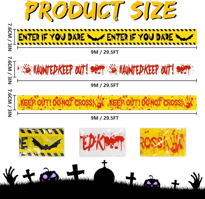 PatiCool Halloween Decorations Caution Tape 3 in x 88.6 ft 3PCS, Scary Halloween Party Decorations for Indoor Outdoor, Haunted House Decor - Enter If You Dare - Haunted Keep Out - Keep Out Do Not Cross - Image 2
